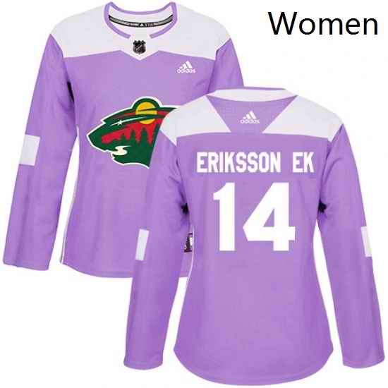 Womens Adidas Minnesota Wild 14 Joel Eriksson Ek Authentic Purple Fights Cancer Practice NHL Jersey